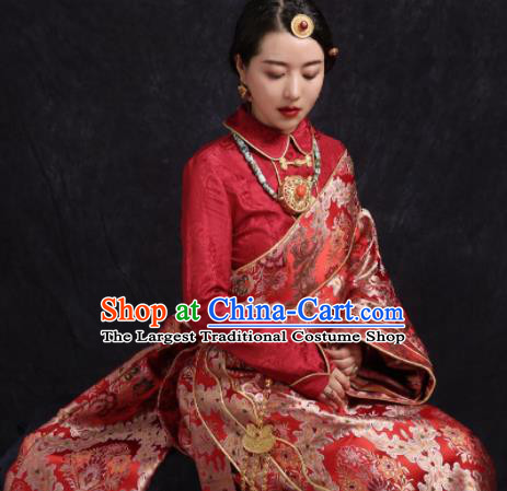 Chinese Traditional Ethnic Bride Red Tibetan Robe Zang Nationality Female Dress Costume for Women