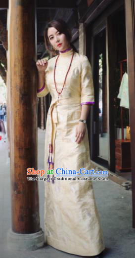 Chinese Traditional Ethnic Bride Tibetan Robe Zang Nationality Female Yellow Silk Dress Costume for Women