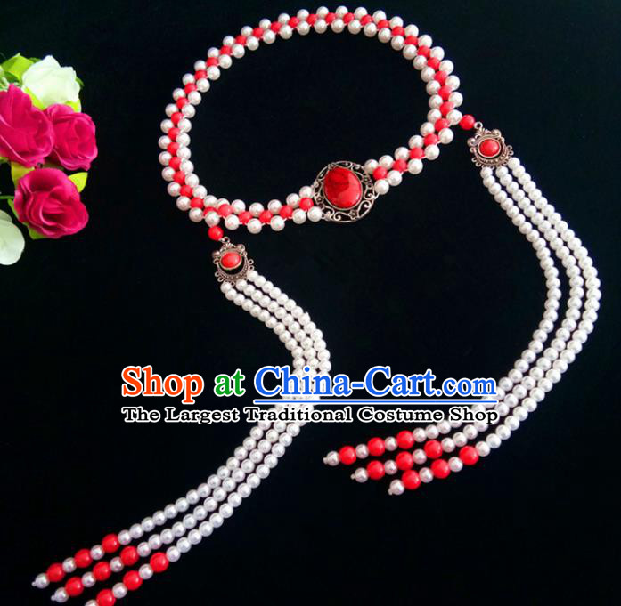 Chinese Traditional Mongol Nationality White Beads Tassel Hair Clasp Mongolian Ethnic Dance Headband Accessories for Women
