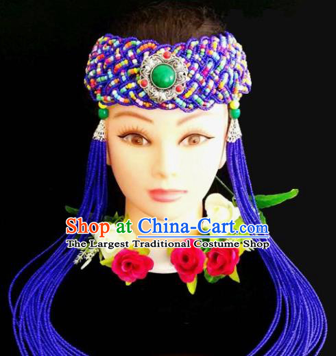 Chinese Traditional Mongol Nationality Weave Royalblue Tassel Hair Clasp Mongolian Ethnic Dance Headband Accessories for Women