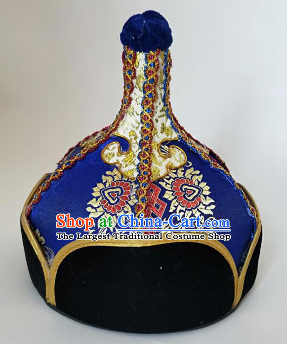 Chinese Traditional Mongol Nationality Royalblue Hat Mongolian Ethnic Royal Highness Headwear Accessories for Men