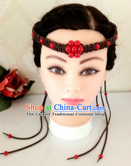 Chinese Traditional Mongol Nationality Weave Brown Hair Clasp Mongolian Ethnic Dance Headband Accessories for Women
