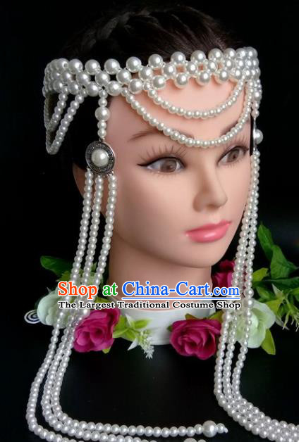 Chinese Traditional Mongol Nationality White Beads Tassel Hair Clasp Mongolian Ethnic Dance Headband Accessories for Women