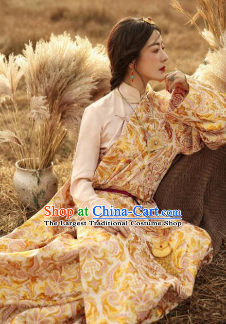 Chinese Traditional Golden Tibetan Robe Zang Nationality Female Dress Ethnic Costume for Women