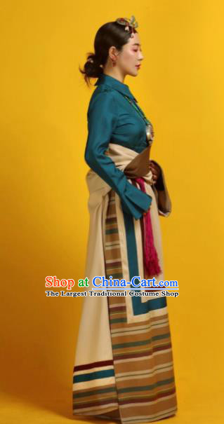 Chinese Traditional Ethnic Khaki Woolen Tibetan Robe Zang Nationality Female Dress Costume for Women