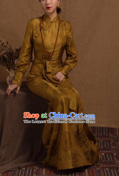 Chinese Traditional Ethnic Golden Tibetan Robe Zang Nationality Female Dress Costume for Women