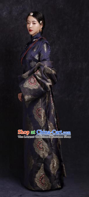 Chinese Traditional Ethnic Navy Tibetan Robe Zang Nationality Female Dress Costume for Women