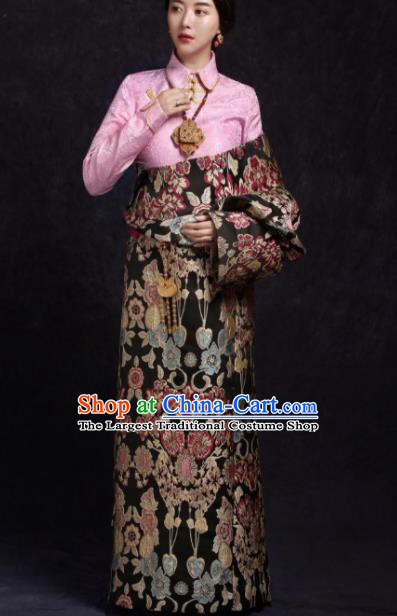 Chinese Traditional Ethnic Black Brocade Tibetan Robe Zang Nationality Female Dress Costume for Women