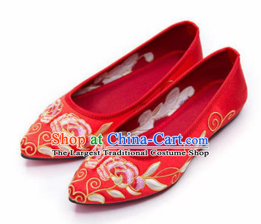 Chinese Traditional Opera Shoes Wedding Red Shoes Hanfu Princess Shoes Embroidered Peony Shoes for Women