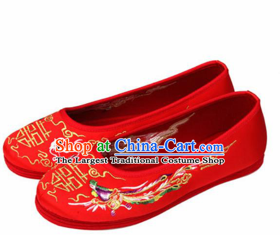 Chinese Traditional Opera Red Satin Shoes Wedding Shoes Hanfu Princess Shoes Embroidered Dragon Phoenix Shoes for Women
