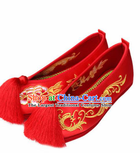 Chinese Traditional Embroidered Phoenix Peony Shoes Opera Red Satin Shoes Wedding Shoes Hanfu Princess Shoes for Women