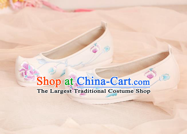 Chinese Traditional Shoes Opera Shoes Hanfu Princess Shoes Embroidered Peony White Shoes for Women