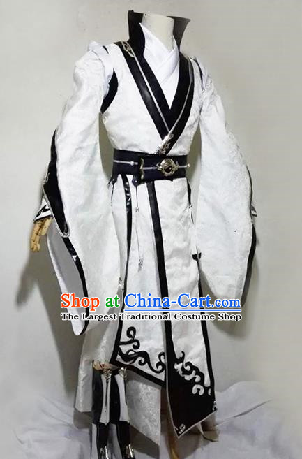 Chinese Traditional Cosplay Taoist Priest Royal Highness White Costume Ancient Swordsman Hanfu Clothing for Men
