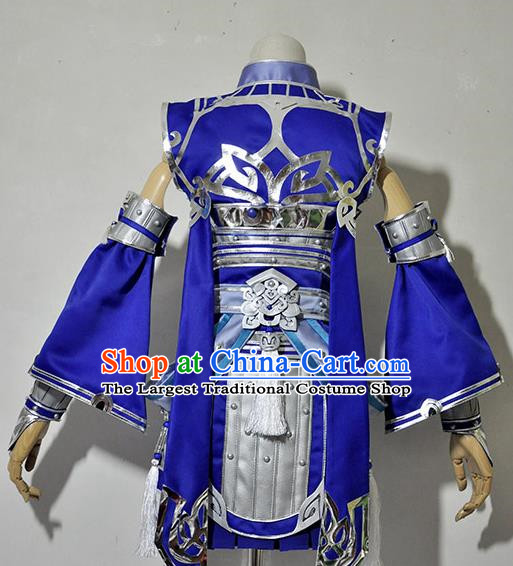 Chinese Traditional Cosplay Female Knight Costume Armour Ancient Swordsman Blue Dress for Women