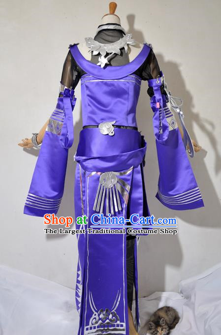Chinese Traditional Cosplay Knight Purple Costume Ancient Swordsman Dress for Women