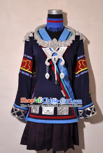 Chinese Traditional Cosplay Young Lady Costume Ancient Female Swordsman Navy Blue Dress for Women