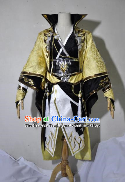 Chinese Traditional Cosplay Royal Highness Young Knight Golden Costume Ancient Swordsman Hanfu Clothing for Men