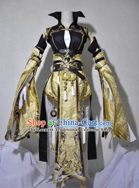 Chinese Traditional Cosplay Knight Costume Ancient Queen Swordsman Golden Dress for Women