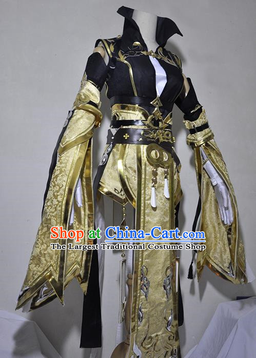 Chinese Traditional Cosplay Knight Costume Ancient Queen Swordsman Golden Dress for Women