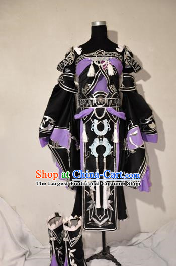 Chinese Traditional Cosplay Princess Knight Purple Costume Ancient Fairy Swordsman Dress for Women