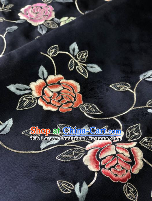 Traditional Chinese Embroidered Peony Flowers Black Silk Fabric Classical Pattern Design Brocade Fabric Asian Satin Material