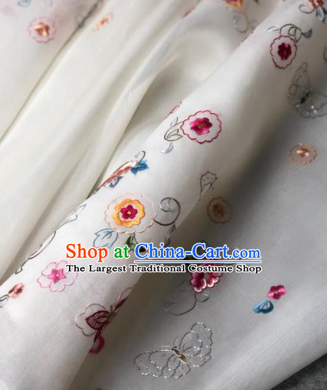 Traditional Chinese Embroidered Frangipani White Silk Fabric Classical Pattern Design Brocade Fabric Asian Satin Material