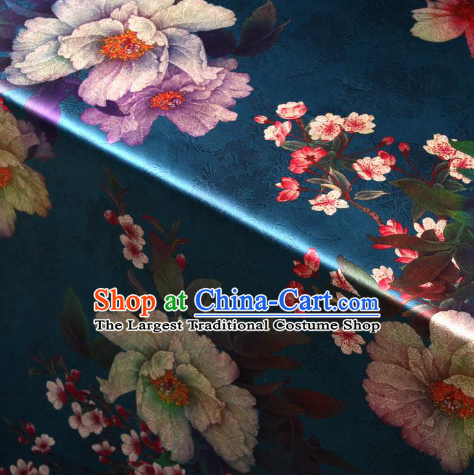 Chinese Traditional Classical Plum Peony Pattern Blue Brocade Damask Asian Satin Drapery Silk Fabric