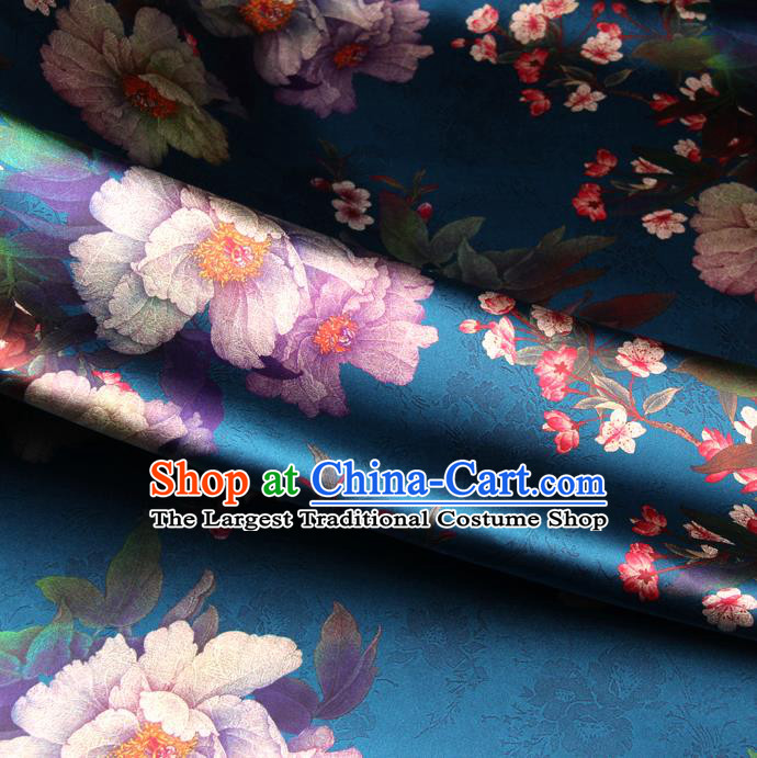 Chinese Traditional Classical Plum Peony Pattern Blue Brocade Damask Asian Satin Drapery Silk Fabric