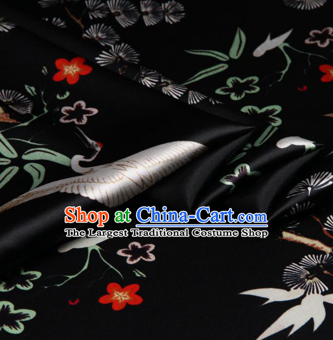 Chinese Traditional Classical Crane Pattern Black Brocade Damask Asian Satin Drapery Silk Fabric