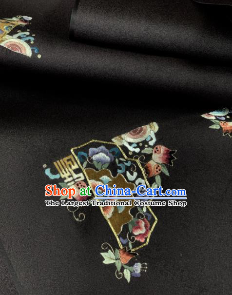 Traditional Chinese Black Satin Classical Embroidered Lucky Pattern Design Brocade Fabric Asian Silk Fabric Material