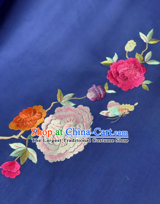 Traditional Chinese Blue Satin Classical Embroidered Peony Pattern Design Brocade Fabric Asian Silk Fabric Material