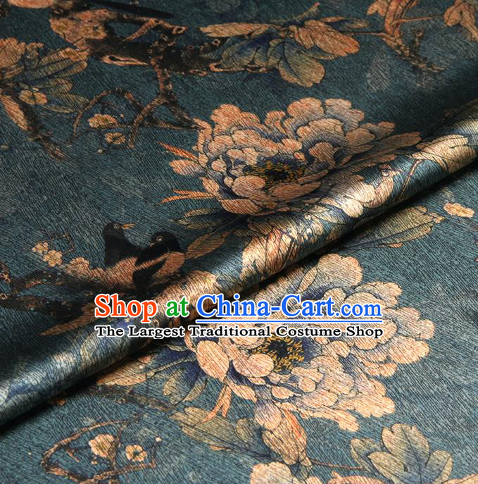 Chinese Traditional Classical Peony Plum Pattern Deep Green Brocade Damask Asian Satin Drapery Silk Fabric