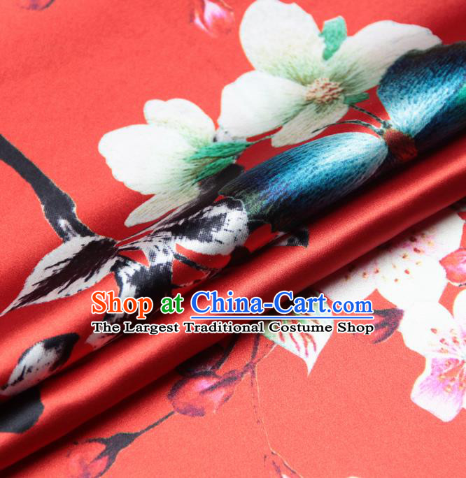 Chinese Traditional Classical Peach Flowers Pattern Red Brocade Damask Asian Satin Drapery Silk Fabric