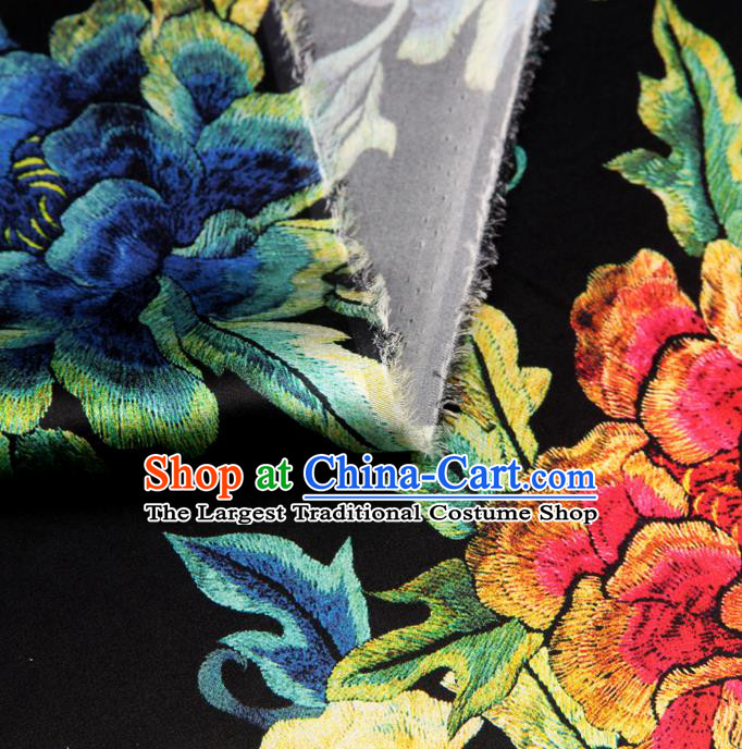 Chinese Traditional Classical Peony Pattern Black Brocade Damask Asian Satin Drapery Silk Fabric