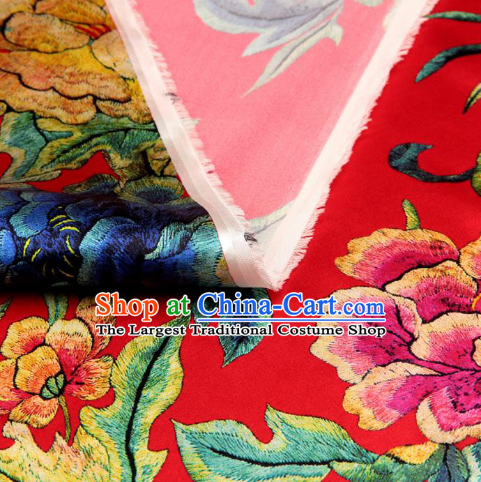Chinese Traditional Classical Peony Pattern Red Brocade Damask Asian Satin Drapery Silk Fabric