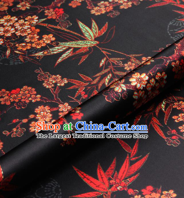 Chinese Traditional Classical Bamboo Plum Pattern Black Brocade Damask Asian Satin Drapery Silk Fabric