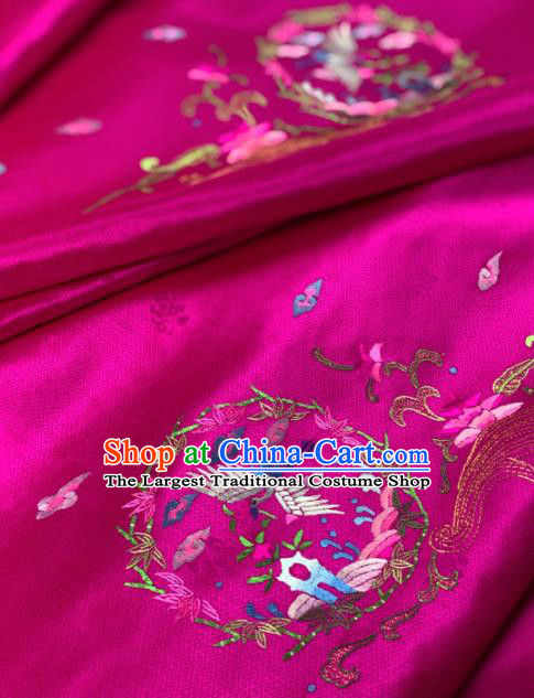 Traditional Chinese Satin Classical Embroidered Crane Pattern Design Rosy Brocade Fabric Asian Silk Fabric Material