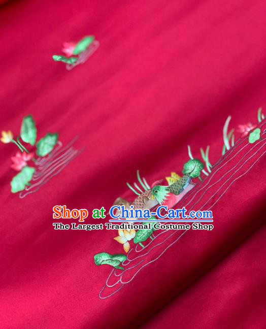 Traditional Chinese Satin Classical Embroidered Mandarin Duck Lotus Pattern Design Wine Red Brocade Fabric Asian Silk Fabric Material