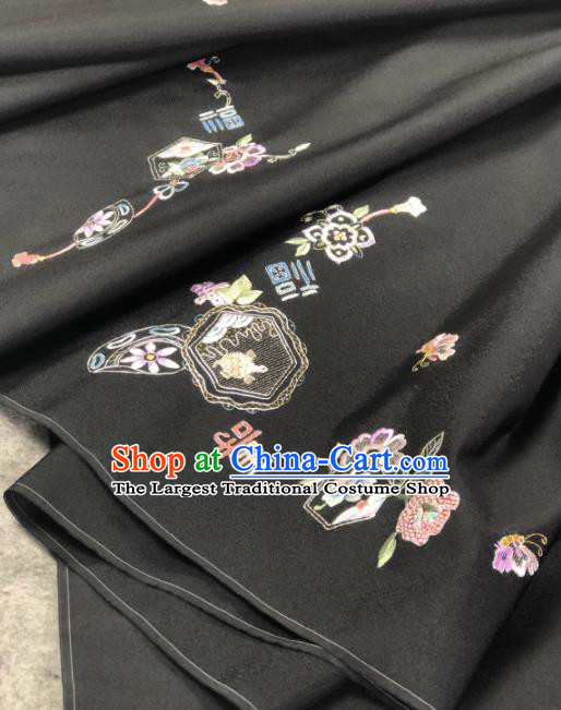 Traditional Chinese Satin Classical Embroidered Longevity Pattern Design Black Brocade Fabric Asian Silk Fabric Material