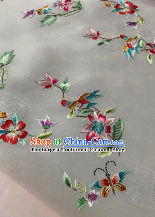 Traditional Chinese Satin Classical Embroidered Flower Bird Pattern Design White Brocade Fabric Asian Silk Fabric Material