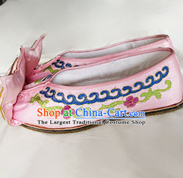 Chinese Traditional Beijing Opera Embroidered Shoes Ancient Princess Hanfu Pink Satin Shoes for Adults