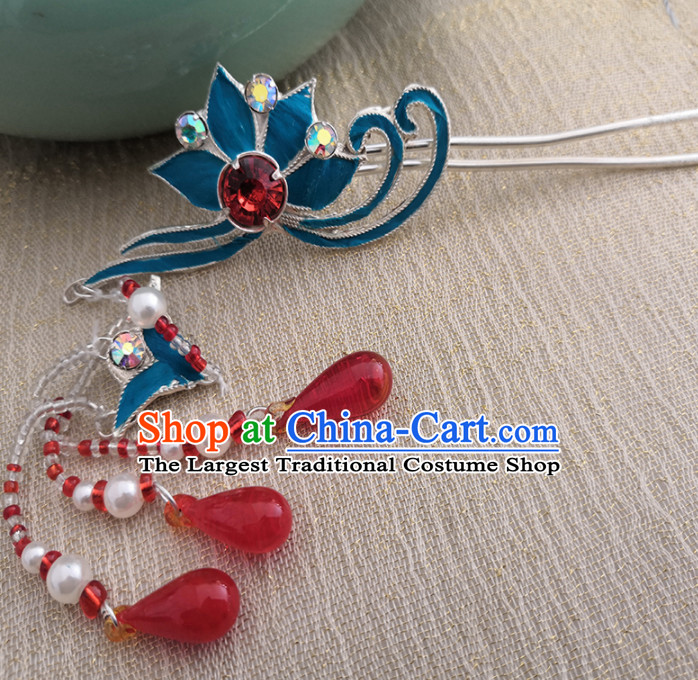 Chinese Ancient Queen Blue Tassel Hairpins Traditional Beijing Opera Diva Hair Accessories for Adults