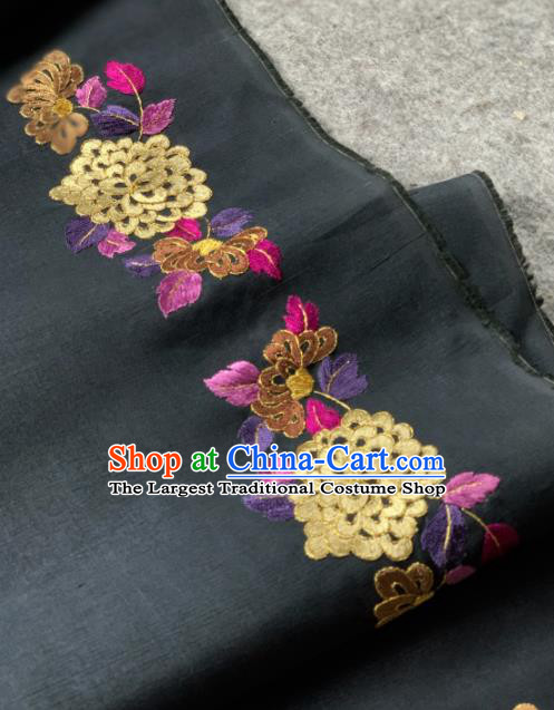 Traditional Chinese Satin Classical Embroidered Chrysanthemum Pattern Design Black Brocade Fabric Asian Silk Fabric Material