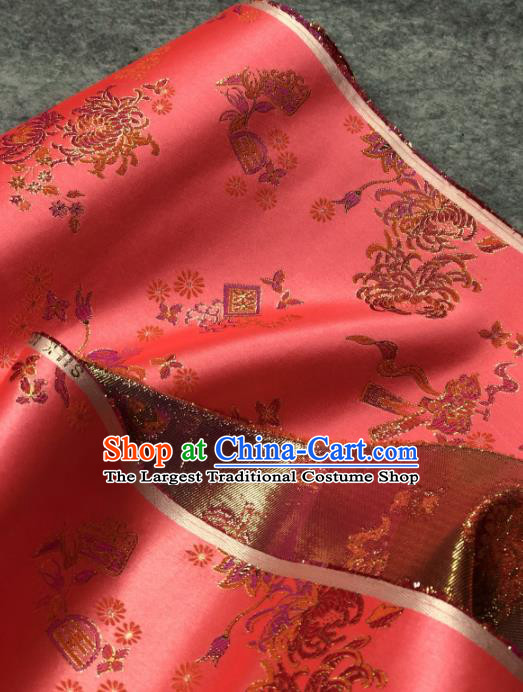 Traditional Chinese Satin Classical Chrysanthemum Pattern Design Watermelon Red Brocade Fabric Asian Silk Fabric Material