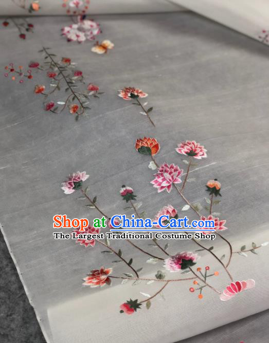 Traditional Chinese Satin Classical Embroidered Lotus Pattern Design White Brocade Fabric Asian Silk Fabric Material