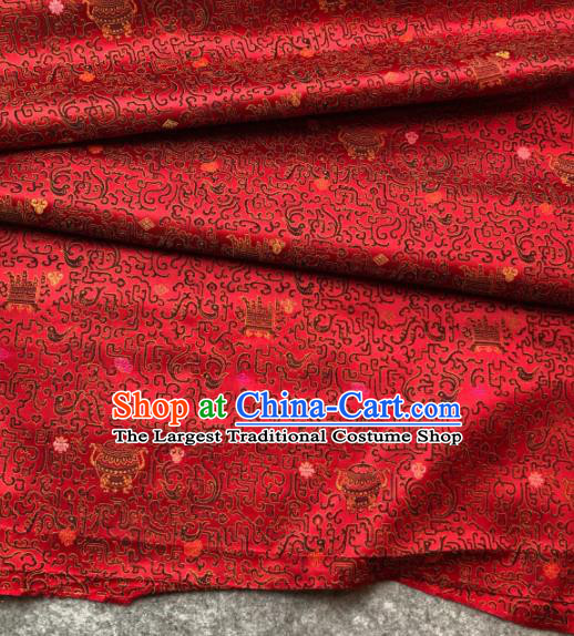 Traditional Chinese Red Satin Classical Censer Pattern Design Brocade Fabric Asian Silk Fabric Material