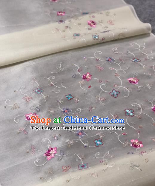 Traditional Chinese White Silk Fabric Classical Embroidered Lotus Pattern Design Brocade Fabric Asian Satin Material