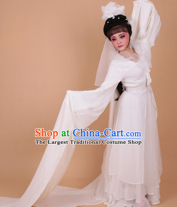 Chinese Traditional Peking Opera Actress White Embroidered Water Sleeve Dress Ancient Peri Princess Costume for Women