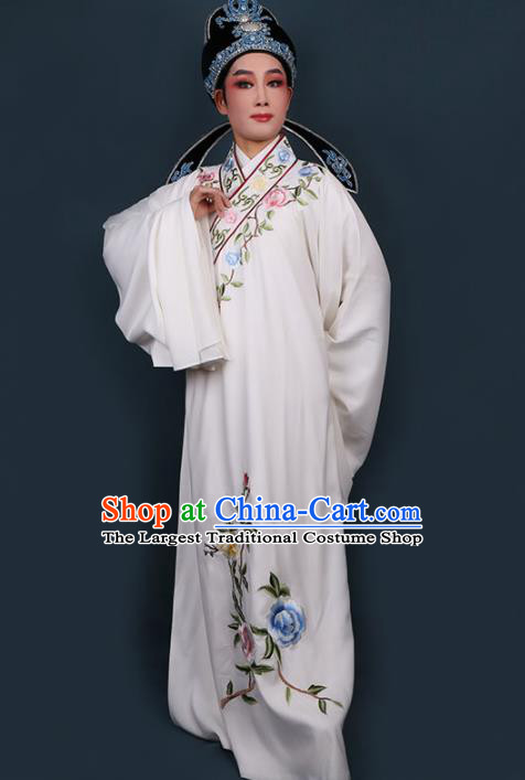 Chinese Traditional Beijing Opera Niche Embroidered White Robe Ancient Scholar Nobility Childe Costume for Men