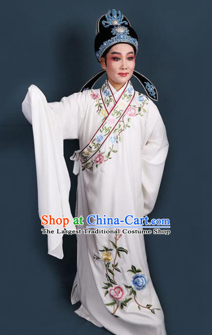 Chinese Traditional Beijing Opera Niche Embroidered White Robe Ancient Scholar Nobility Childe Costume for Men